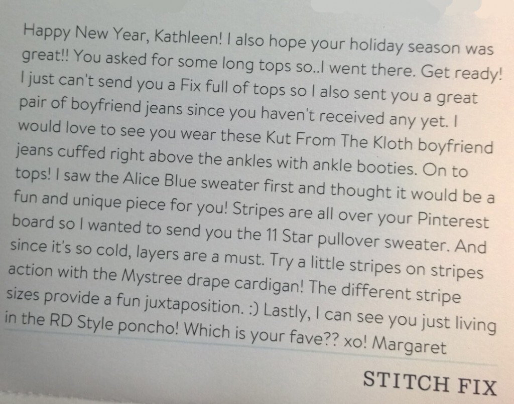 Stitch Fix Stylist Note from Margaret