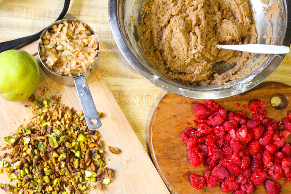 Pistachio Pear Raspberry Muffins